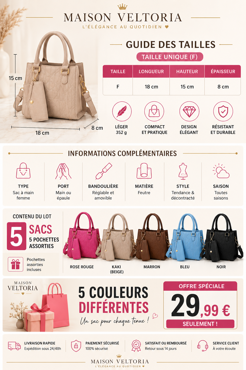 Lot de 5 Sacs à Main — Mini Tote Bag Premium (5 Couleurs)